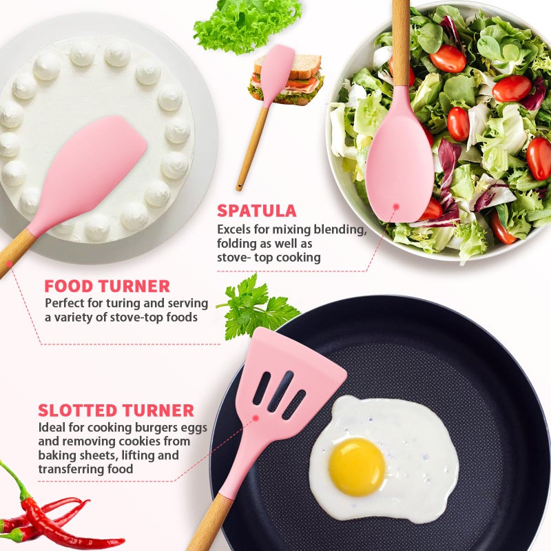 Caliamary Silicone Kitchen Utensil Set, 11 Pieces Cooking Utensil with Wooden Handles, Utensil Holder for Nonstick Cookware, Spoon, Soup Ladle, Slotted Turner, Whisk, Tongs, Brush, Pasta Server (Pink) - Image 3